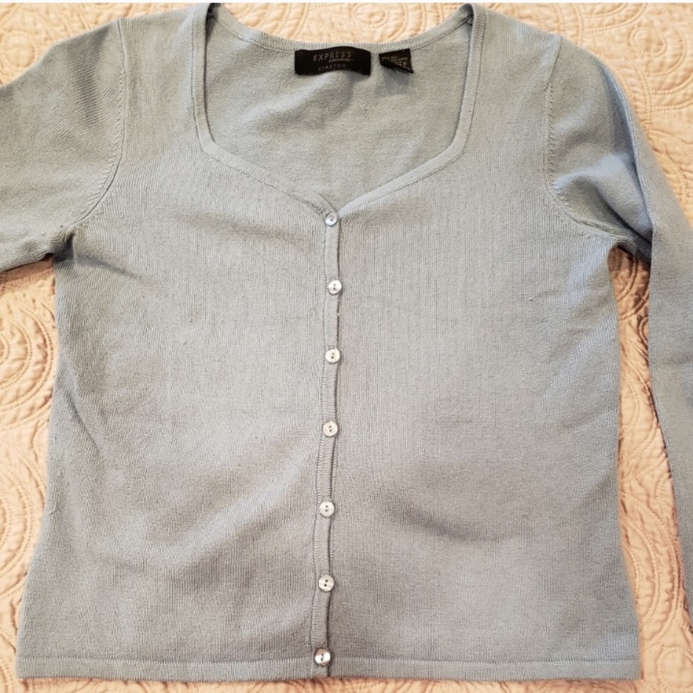 Silk cashmere long sleeve blue cardigan